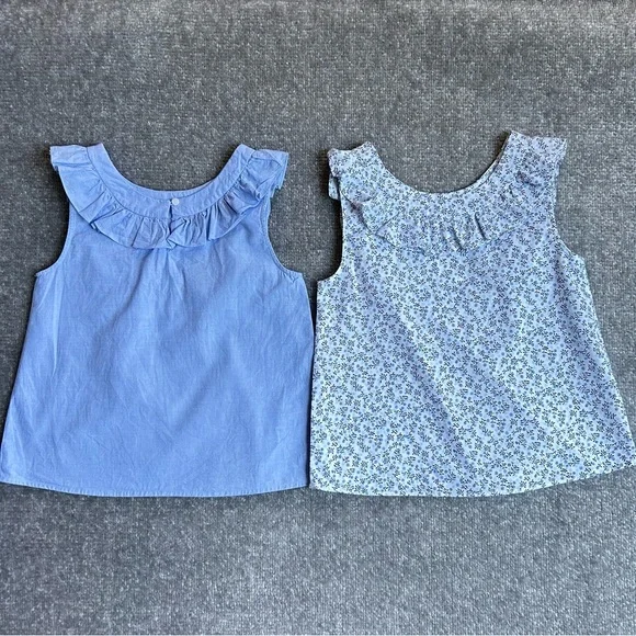 Jacadi Paris Bundle of 2 Blue And Floral Sleeveless Ruffled Tops, Size 8A - Picture 5 of 11